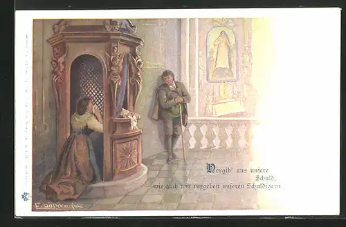 Künstler-AK E. Döcker: Vergib uns unsere Schuld..., Betende Frau