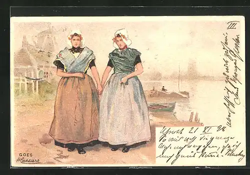 Künstler-AK Henri Cassiers: Zwei Frauen in Tracht, Im Hintergrund Windmühle