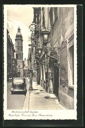 AK Leipzig, Burgstrasse mit Hotel Thüringer Hof und Thomaskirche