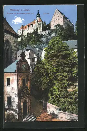 AK Marburg a. L., Partie am Lutherkirchhof mit Schloss