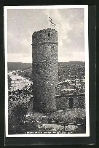 AK Carlshafen a. d. Weser, Hugenottenturm mit Blick ins Wesertal