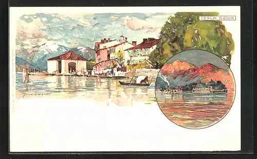 Künstler-AK Manuel Wielandt: Isola Bella, Häuser am See gelegen, Berge im Hintergrund