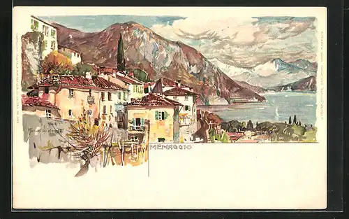 Künstler-AK Manuel Wielandt: Menaggio, Ort mit Bergen im Hintergrund