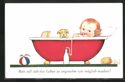 Künstler-AK John Wills: Kleinkind in Wanne und trinkt Milch