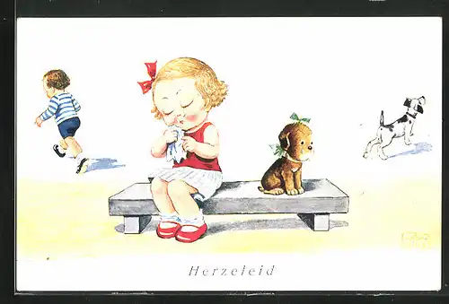 Künstler-AK John Wills: Herzeleid, Mädchen und Hundewelpen weinen