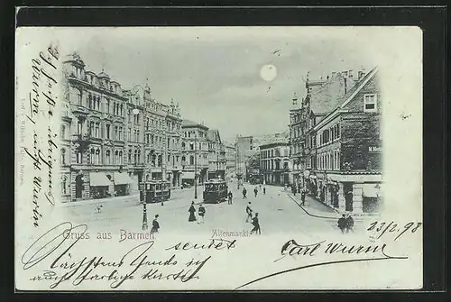 Mondschein-AK Barmen, Altenmarkt mit Strassenbahn