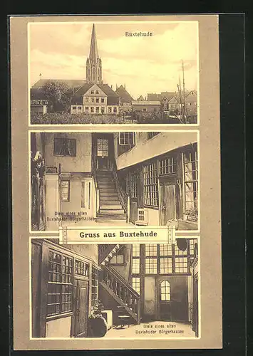 AK Buxtehude, Ortspartie mit Kirche, Diele eines alten Buxtehuder Bürgerhauses