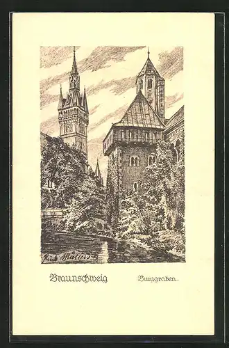 Künstler-AK Braunschweig, Burggraben mit Kirchturm