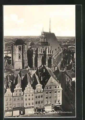 AK Neisse, Alte Giebel mit Jacobikirche und Glockenturm