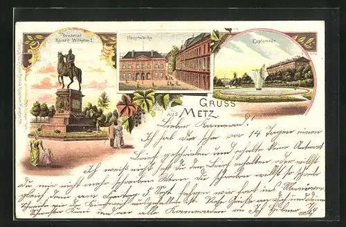 Lithographie Metz, Esplanade mit Springbrunnen, Hauptwache, Denkmal von Kaiser Wilhelm I