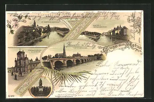 Lithographie Metz, Vinzentkirche m. Lyceum, Todtenbrücke, St. Marcelenbrücke