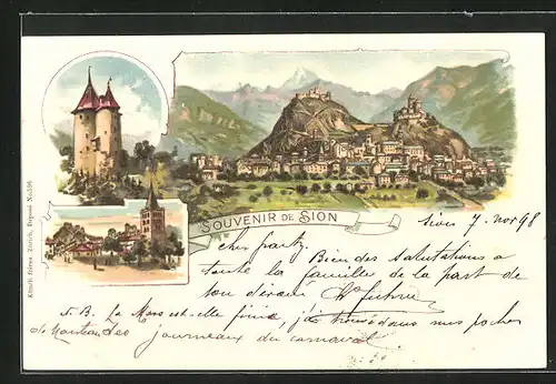 Lithographie Sion, Ortsansicht mit Burg, Ortspartie
