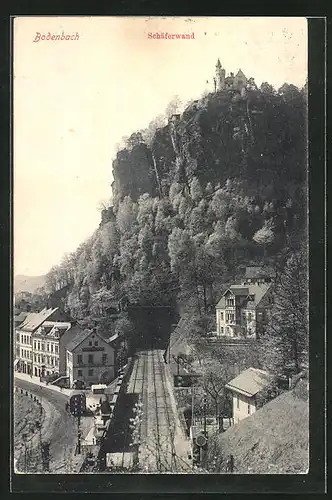 AK Bodenbach, Teilansicht mit Schäferwand, Gleisanlagen