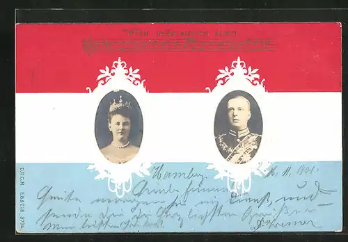 Präge-AK Portraits König in Uniform m. Orden und Königin von den Niederlanden mit Krone