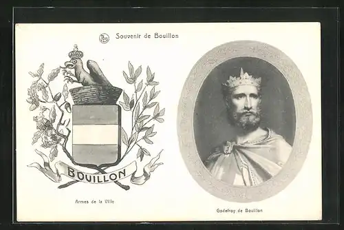 Passepartout-AK Bouillon, Godefroy, Armes de la Ville, Portrait König von Belgien mit Krone