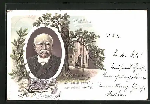 Lithographie Schönhausen, Portrait Reichskanzler Otto v. Bismarck im Anzug, Partie am Herrenhaus, Eiche