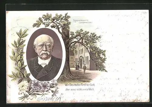 Lithographie Schönhausen, Portrait Reichskanzler Bismarck, Eichenbaum, Herrenhaus