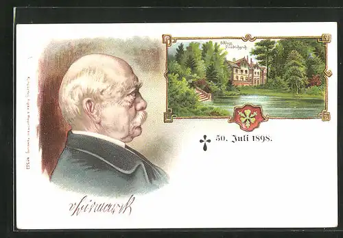 Lithographie Friedrichsruh, Schloss mit Seepartie im Sommer, Portrait Reichskanzler Otto v. Bismarck im Profil