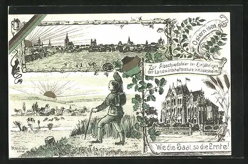 Lithographie Hildesheim, Absolvia der Landwirtschaftsschule Ostern 1909, Ortsansicht