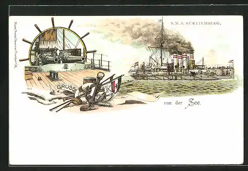 Lithographie S. M. S. Württemberg auf hoher See, Steurrad mit Geschütz