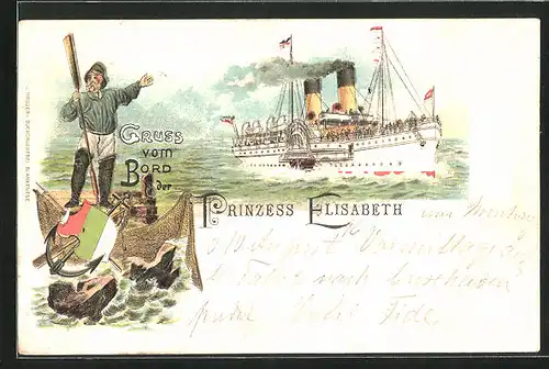 Lithographie Passagierschiff Princess Elisabeth, Fischer zeigt auf Passagierschiff
