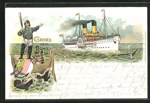 Lithographie Passagierschiff Cobra auf hoher See, Wappen mit Anker