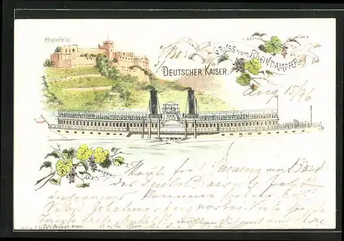 Lithographie Rheindampfer Deutscher Kaiser mit Rheinfels