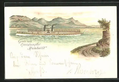 Lithographie Rheindampfer Humboldt mit Burg