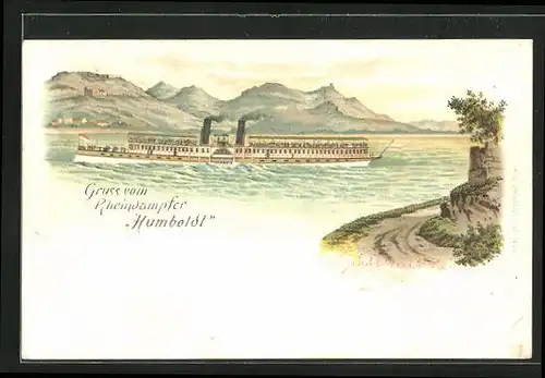 Vorläufer-Lithographie Rehindampfer Humboldt mit Passagiern, 1895