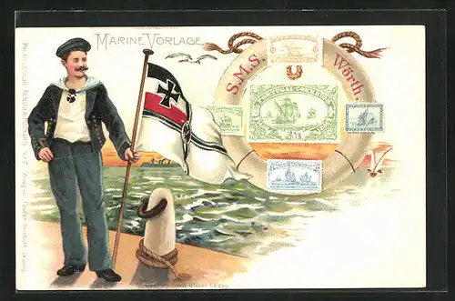 Lithographie Rettungsreifen S. M. S. Wörth, Briefmarke Portugal-Correios, Matrose mit Fahne am Wasser