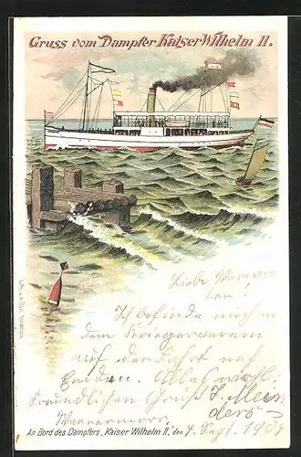 Lithographie Passagierschiff Kaiser Wilhelm II. mit Steg und Segelboot