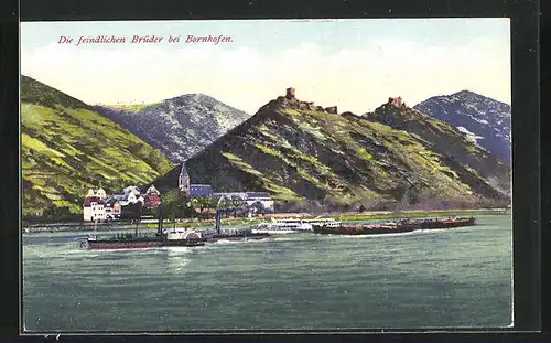 AK Bornhofen, Die feindlichen Brüder, Ruinen Sterrenberg und Liebenstein, Rhein mit Dampfern