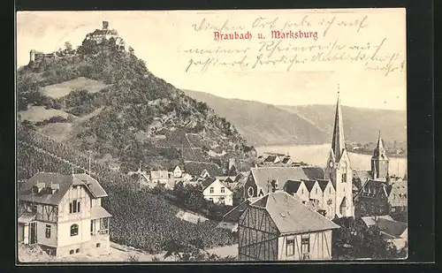 AK Braubach, Ortsansicht mit Marksburg und Kirche
