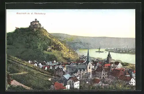 AK Braubach, Ortsansicht mit Rhein und Marksburg