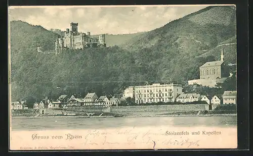 AK Kapellen, Teilansicht mit Rhein und Burg Stolzenfels