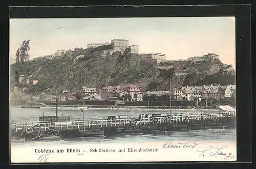 AK Coblenz a. Rh., Schiffbrücke und Ehrenbreitstein