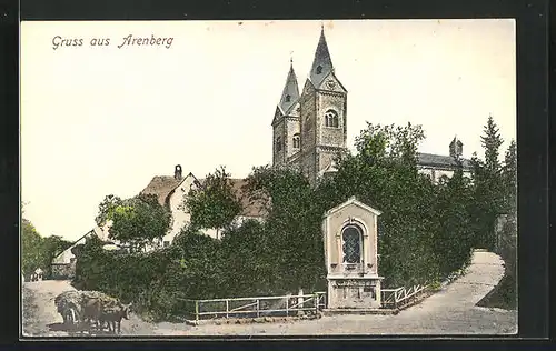 AK Arenberg, Ortspartie mit Kirche und Viehwagen