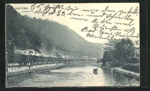AK Bad Ems, Lahnpartie mit Berghängen und Uferpromenade