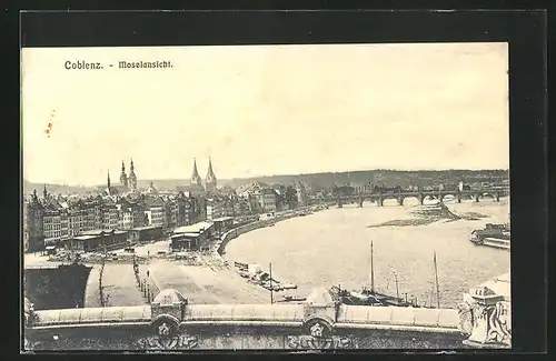 AK Coblenz, Moselansicht mit Brücke