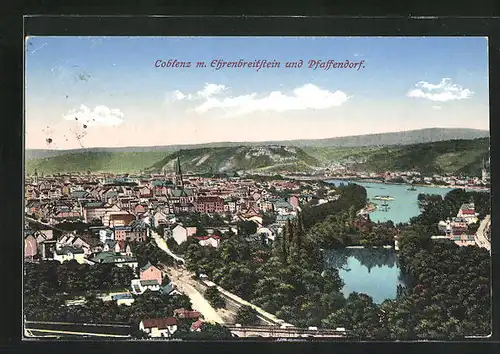 AK Coblenz, Ehrenbreitstein, Pfaffendorf, Rhein aus der Vogelschau