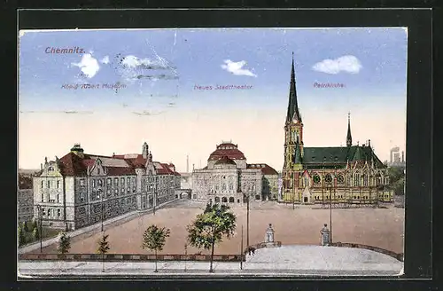 AK Chemnitz, Blick auf Stadttheater, Petrikirche und König Albert Museum