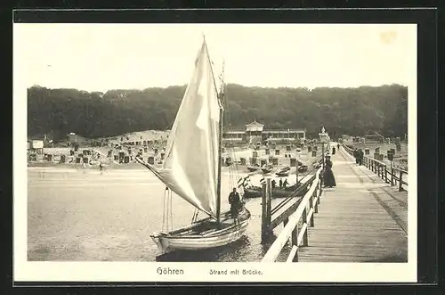 AK Göhren / Rügen, Strand mit Brücke