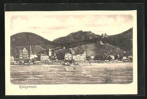 AK Königswinter, Dampfer auf dem Rhein, Schloss Drachenburg, Ortsansicht vom Wasser aus gesehen