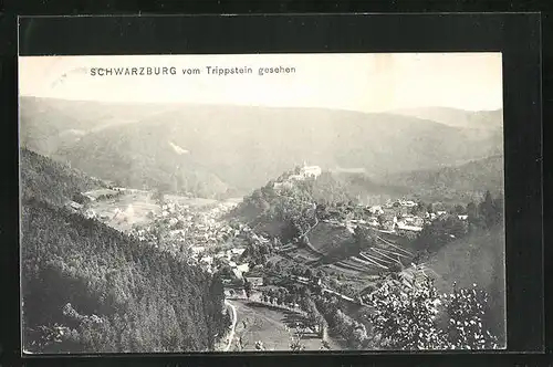 AK Schwarzburg / Thür. Wald, Ortsansicht vom Trippstein aus gesehen