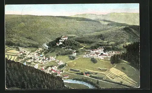 AK Schwarzburg / Thür. Wald, Ortsansicht vom Trippstein aus gesehen
