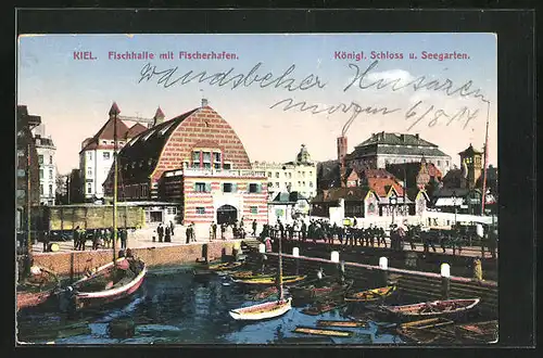AK Kiel, Fischhalle mit Fischerhafen, Königliches Schloss und Seegarten