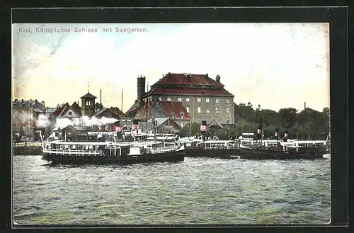 AK Kiel, Königliches Schloss mit Seegarten, Dampfer an der Anlegestelle
