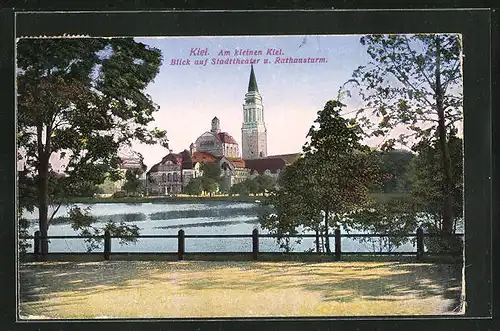 AK Kiel, Am kleinen Kiel, Blick auf Stadttheater und Rathausturm