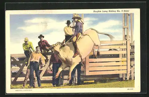 AK Hughie Long Riding No. 9 Steer, Cowboy reitet auf einem wilden Stier, Rodeo