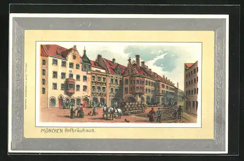 Lithographie München, Königliches Hofbräuhaus im Passepartout-Rahmen